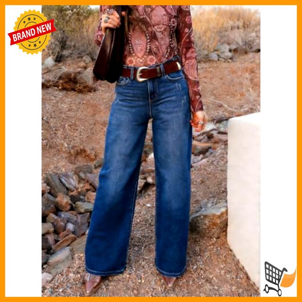 Wide Leg Baggy Jeans Mid Low Rise Stretchy Denim Women's Pants - Picture 6 of 7